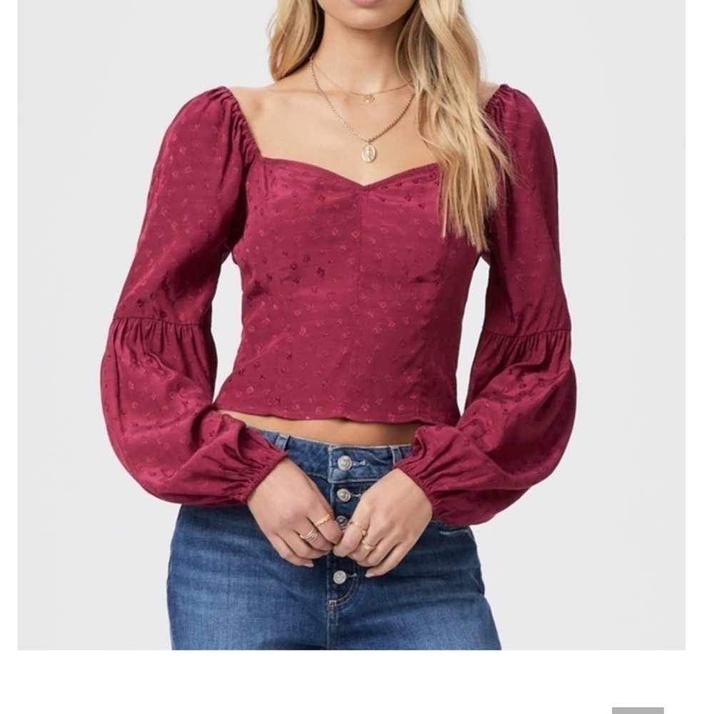 PAIGE Burgundy Floral Jacquard Sweetheart Puff Sleeve Smocked Crop Top SZ L NWOT